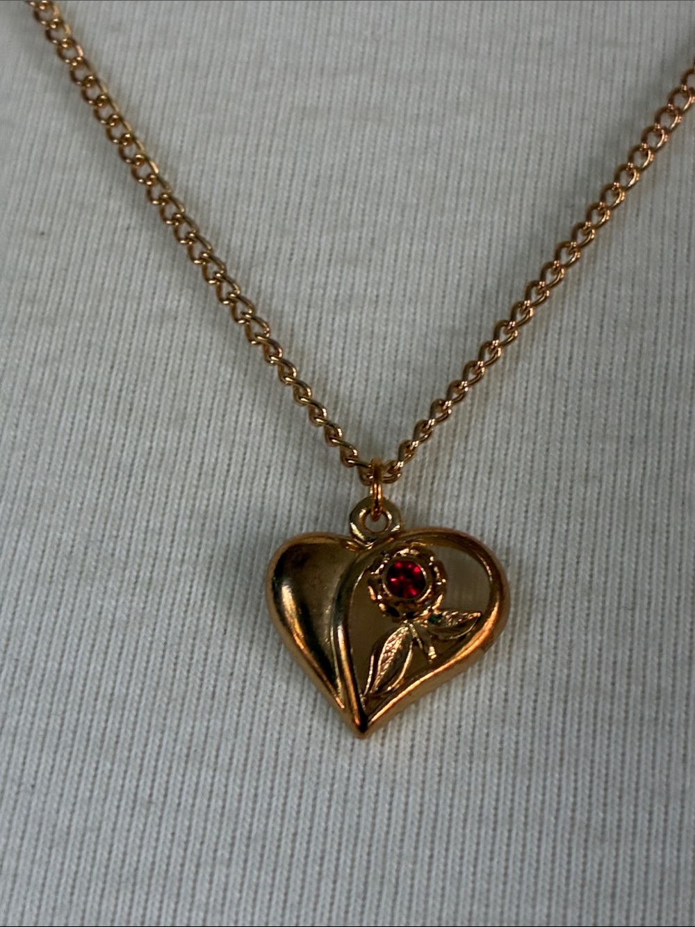 18K Gold Tone Heart Pendant Necklace with Red Accent